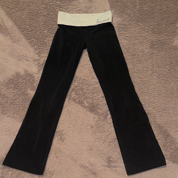 PINK Victoria's Secret Pants - PINK Victoria's Secret Black Leggings Light Gray Waistband Love Pink Yoga Tights